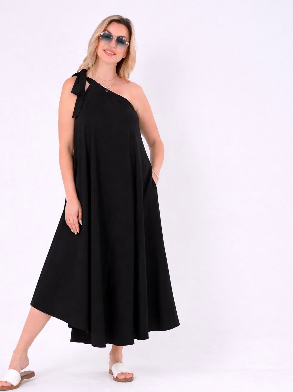 One Shoulder Dress with Tidding Ribbon